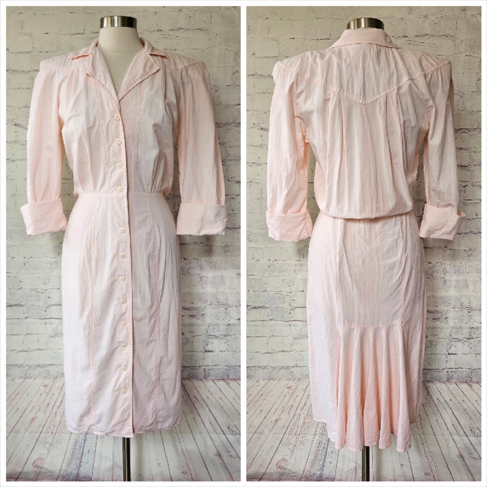 Vintage 80s Dawn Joy Fashions Light Pink Cotton Half Sleeve Secretary Dress